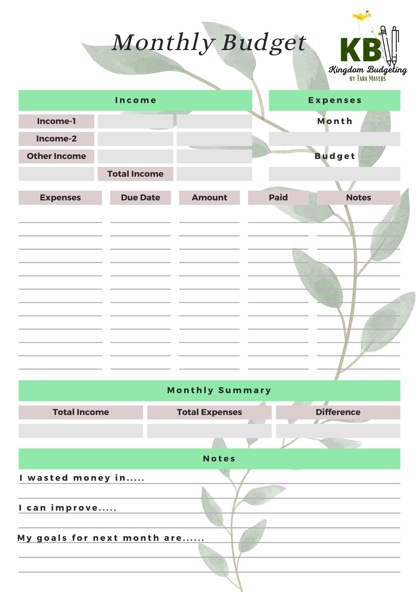FREE One Month Template